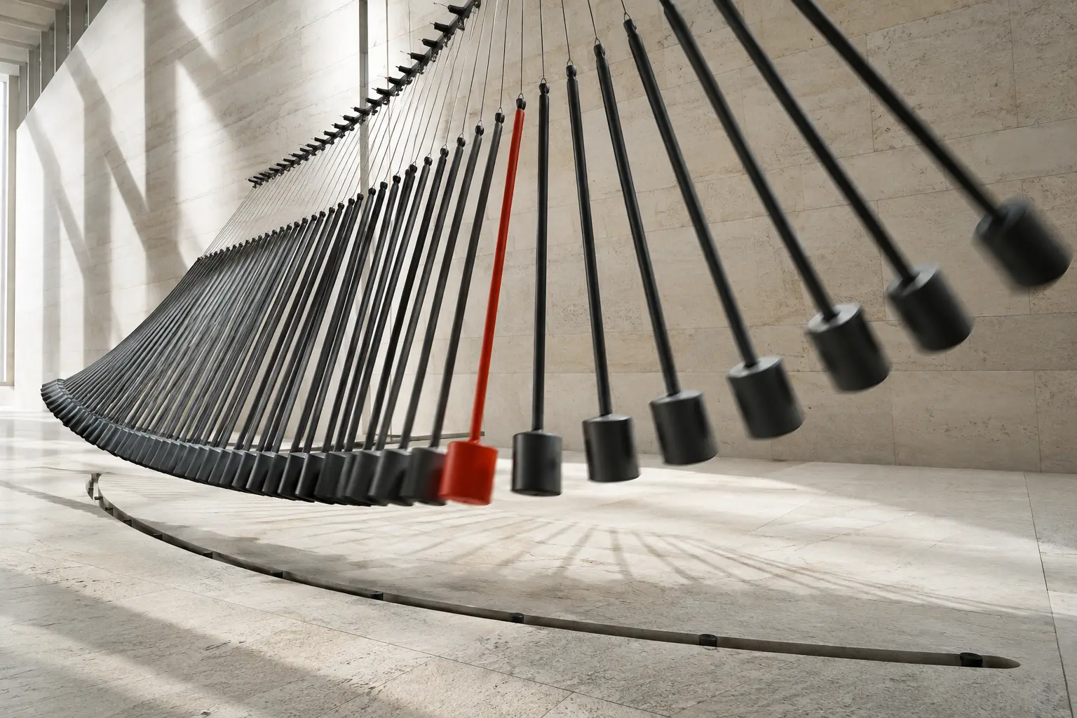 Graphite pendulum arms sweeping through a limestone gallery around one vermilion decision line